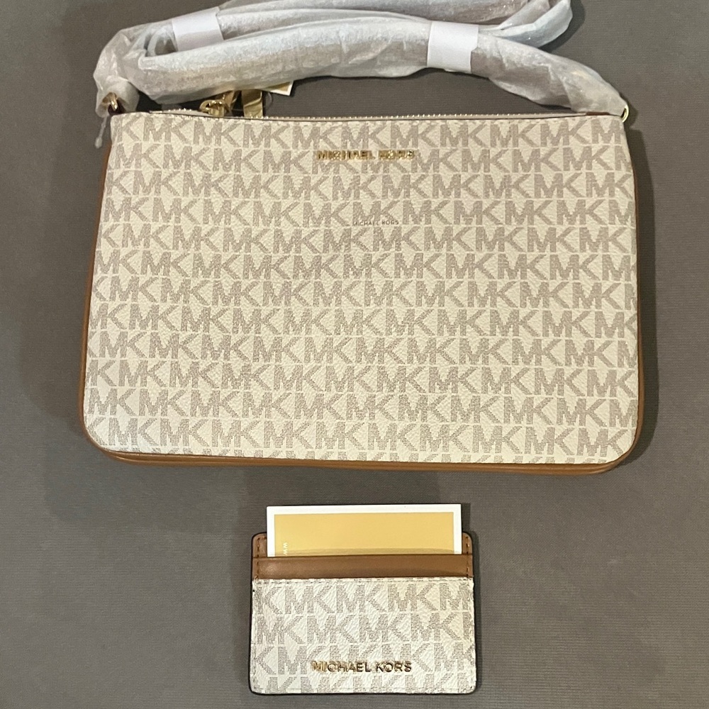 Today’s Sale! Michael Kors Beige/Acorn Signature Crossbody with Card Case